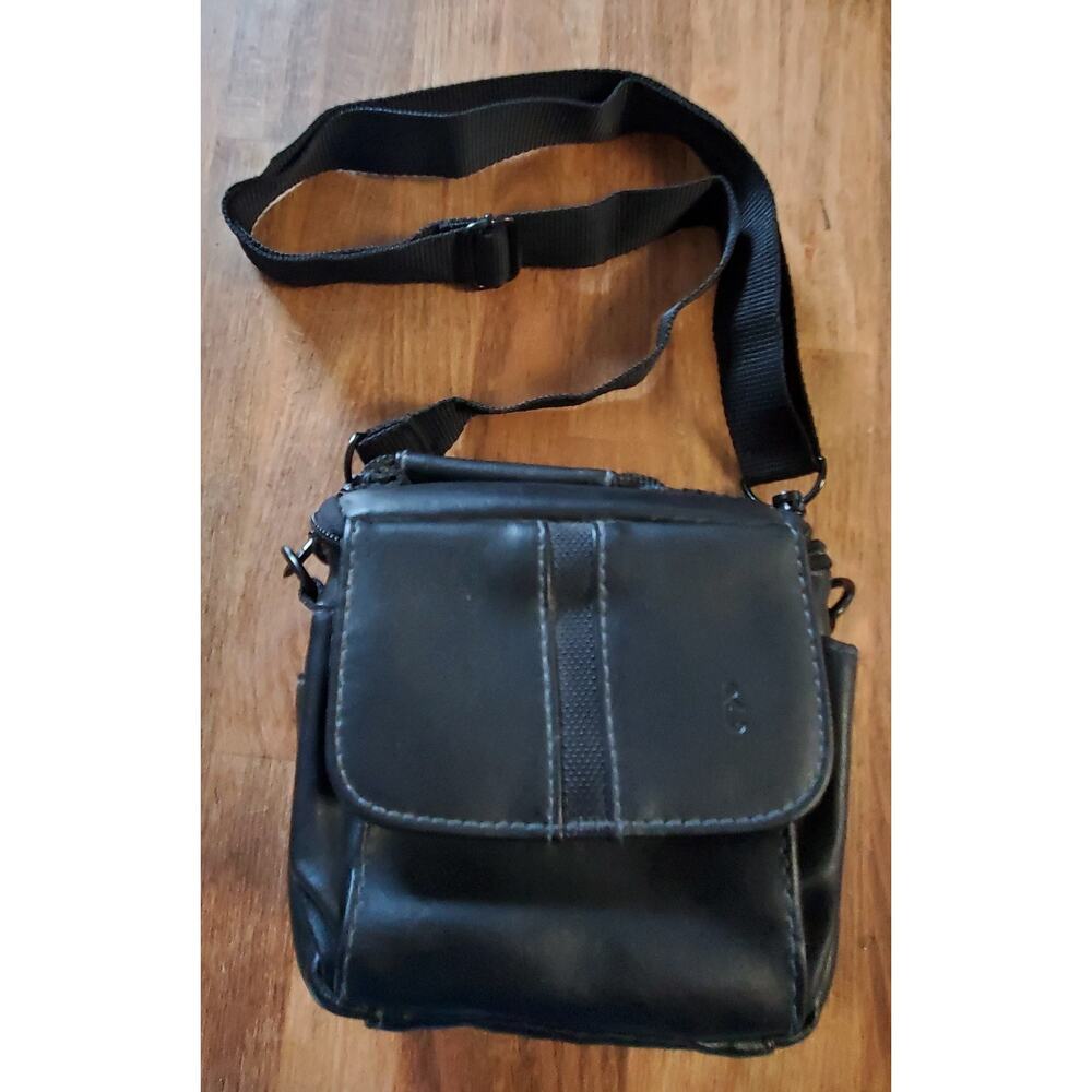 C Icon Black Leather Camera Bag With Strap, Bag & Strap